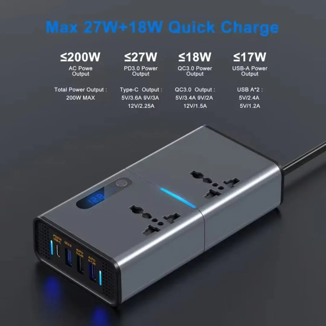200W Car Power Inverter with Dual AC & Fast USB-C