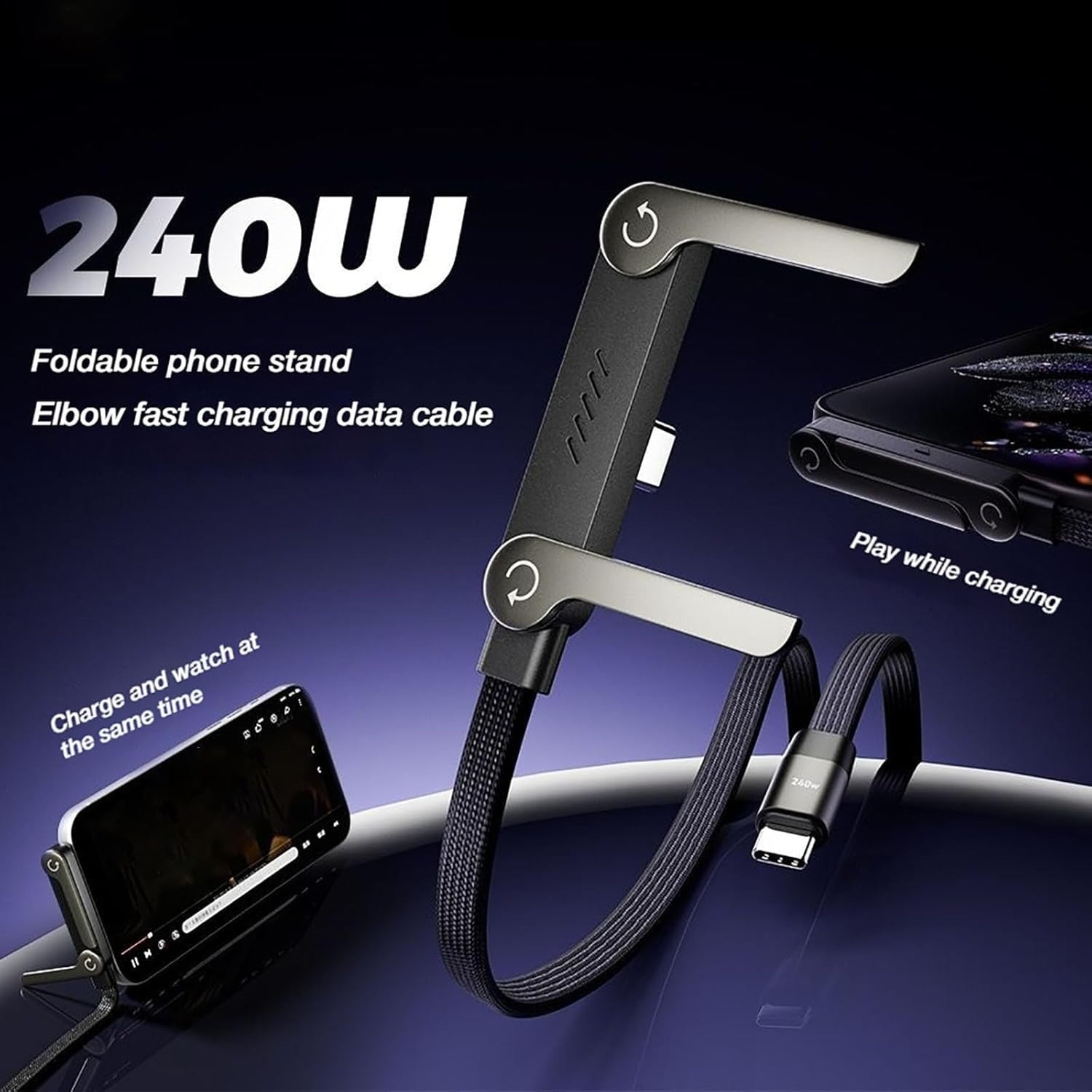 240W Sideways Fast Charge Cable with Built-in Phone Stand (USB-C)
